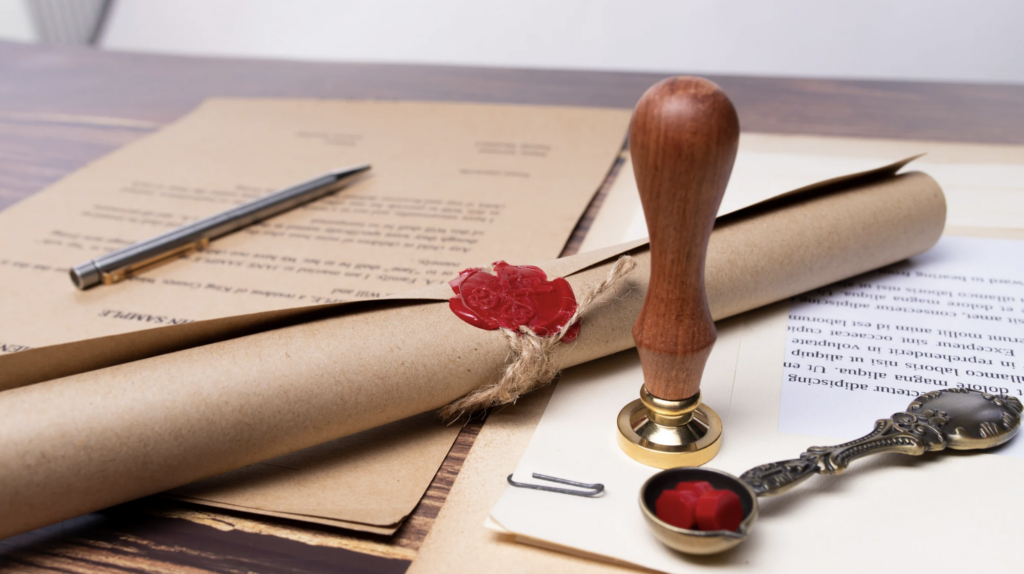 Document scroll with red wax seal, pen, and legal papers on wooden desk, symbolizing estate liquidation processes in Texas.